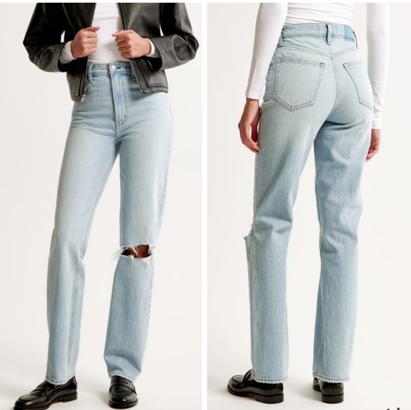 Abercrombie & Fitch Denim - Abercrombie & Fitch Ultra High Rise 90s Straight Jeans, Light Destructed Wash.